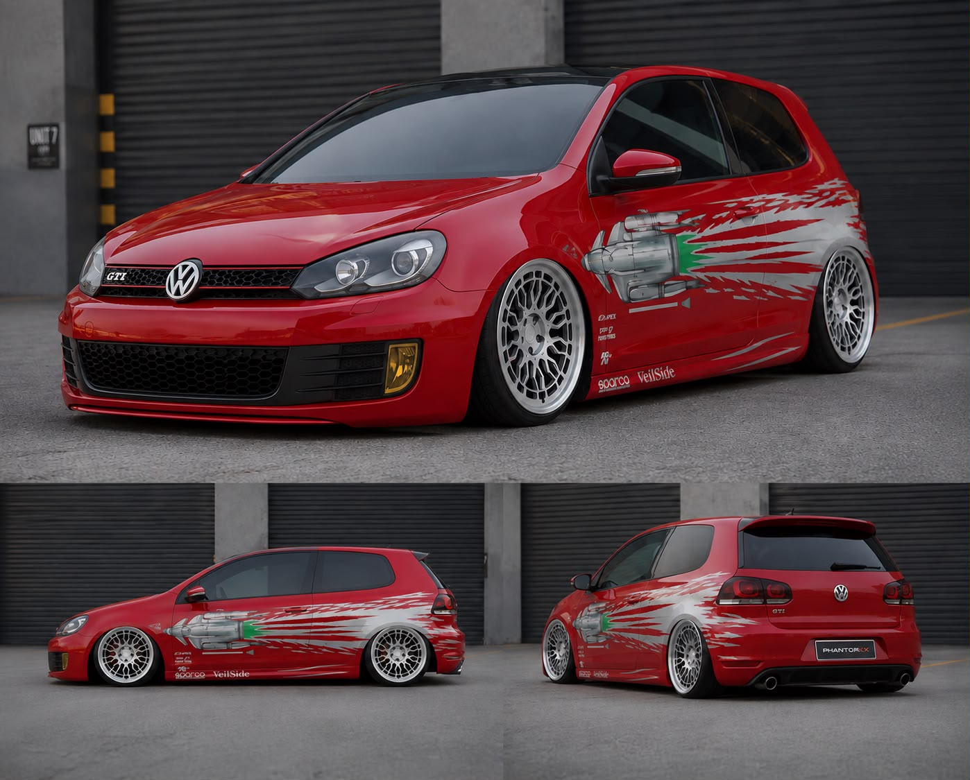 Slammed red Golf GTI on polished split-rim wheels detailed by Gloss n Grip